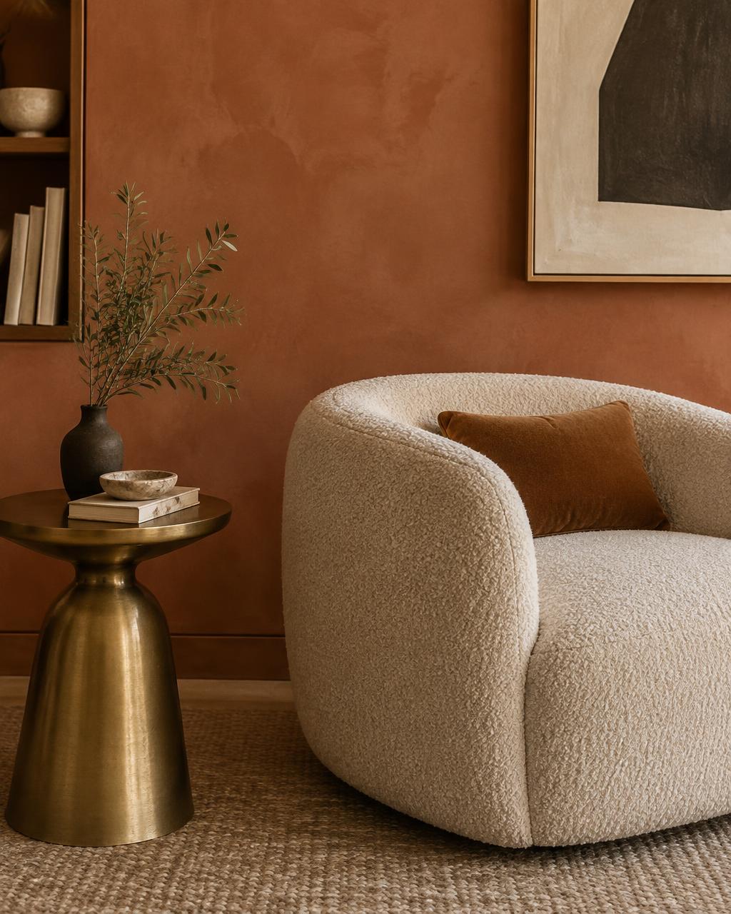 Boucle armchair beside a brass side table in a downtown condo