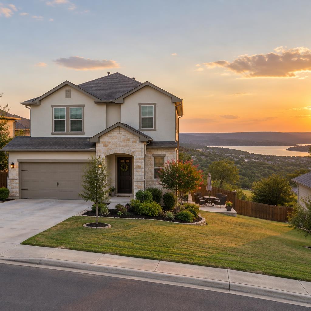 Two-story hill-country family home with a Lake Travis view at sunset