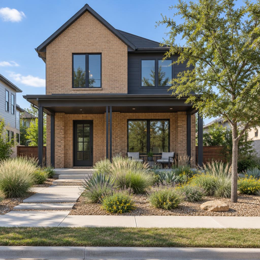 Contemporary brick family home with deep front porch in Mueller