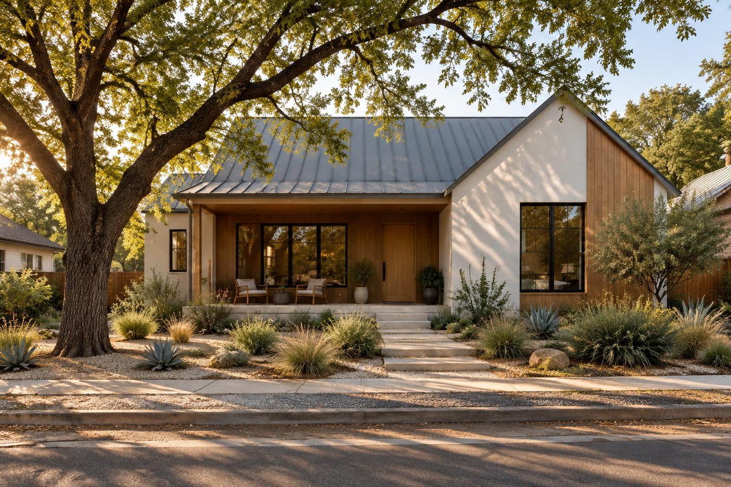 White stucco and oak bungalow with metal roof and pecan tree at golden hour